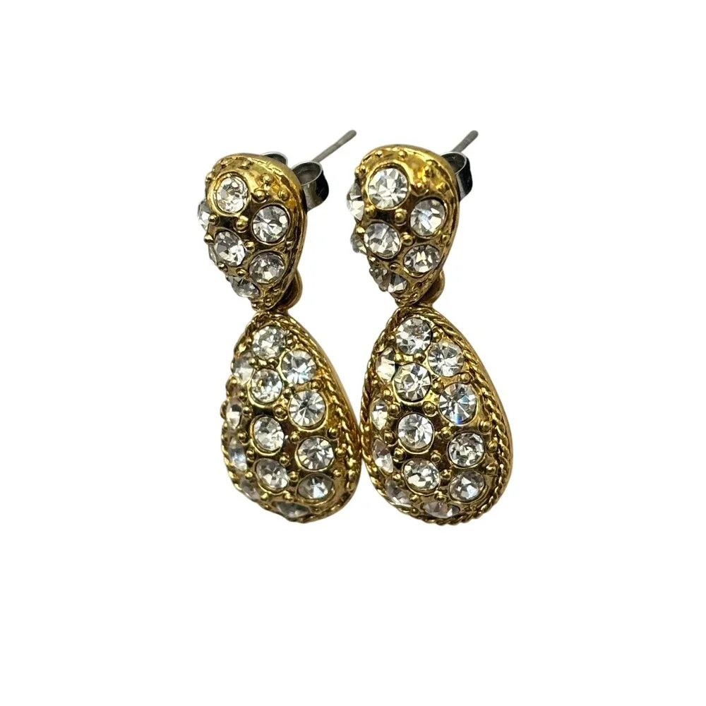 Vintage 80s Gold Pavé Rhinestone Teardrop Drop Dangle‎ Earrings Sparkly